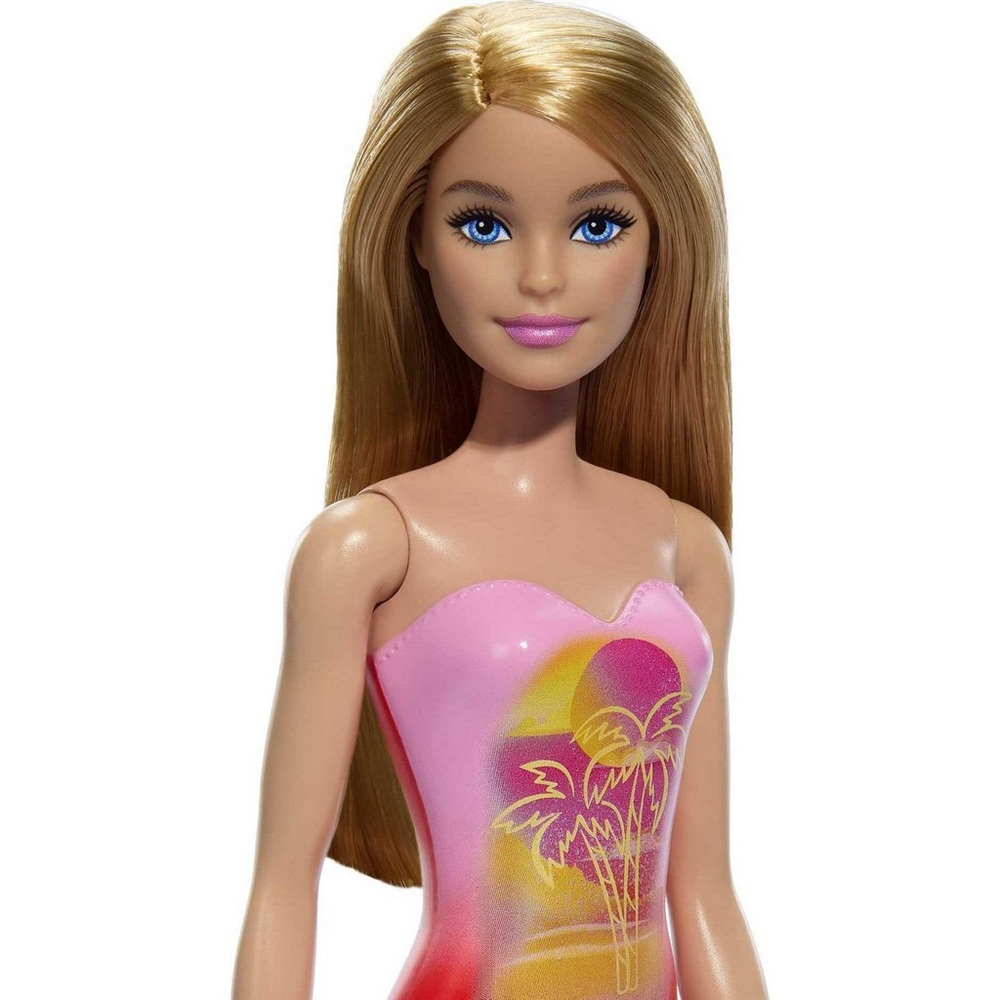 💖Beach Barbie Doll w/ Blond Hair Wearing Pink Palm-Tree Print Swimsuit💖